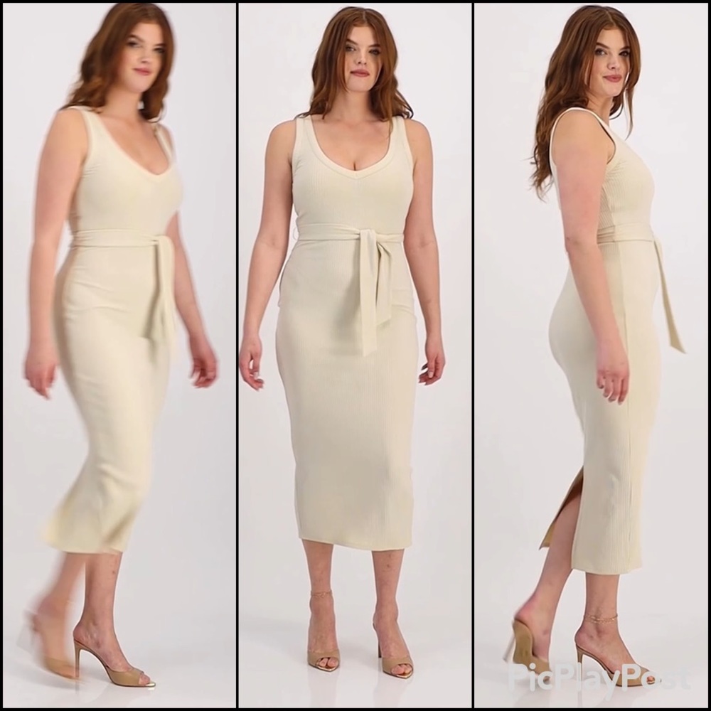 BAR III Ribbed Sleeveless V-Neck Stretch Midi Belt Dress XS Brazilian Sand Nude